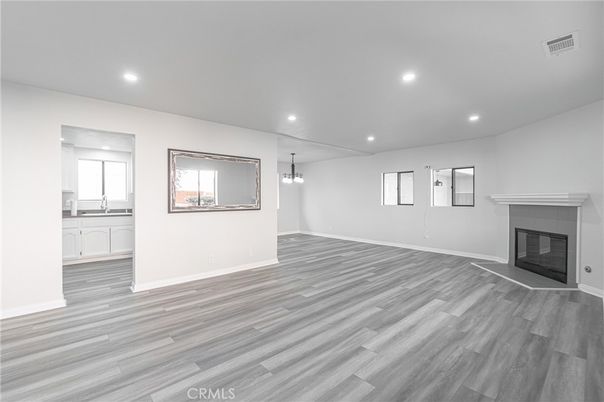 Empty room, Fireplace, Interior, Recessed Lighting, Wood Texture Flooring