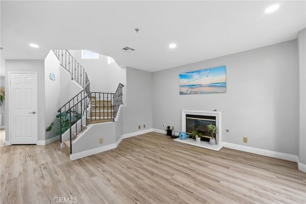 Fireplace, Interior, Recessed Lighting, Wood Texture Flooring