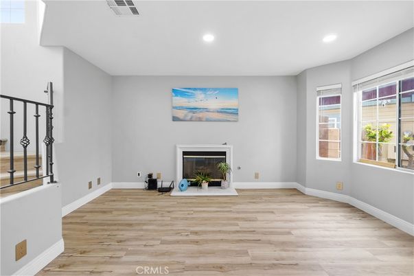 Empty room, Fireplace, Interior, Recessed Lighting, Wood Texture Flooring