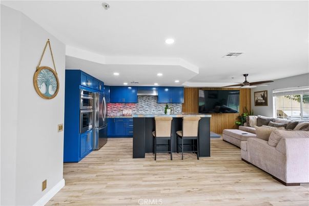 Interior, Kitchen, Living room, Recessed Lighting, Stainless Steel Appliances, Wood Texture Flooring