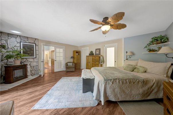 Bedroom, Fireplace, Interior, Stone Walls, Wood Texture Flooring