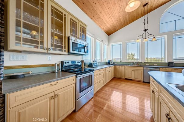 Interior, Kitchen, Pendant Lights, Stainless Steel Appliances, Wooden Ceilings, Wood Texture Flooring