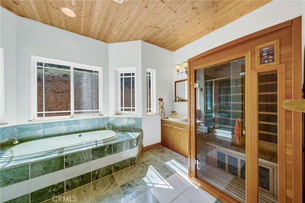 Bathroom, Glass Shower, Interior, Recessed Lighting, Wooden Ceilings