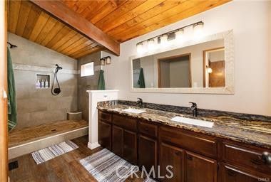 Bathroom, Dual Sink Vanities, Interior, Wooden Beams, Wooden Ceilings, Wood Texture Flooring