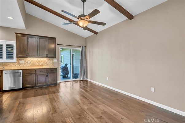 Empty room, Interior, Kitchen, Recessed Lighting, Wooden Beams, Wood Texture Flooring