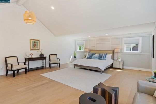 Bedroom, Interior, Pendant Lights, Recessed Lighting, Wood Texture Flooring