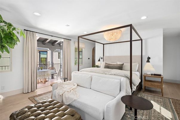 Bedroom, Chandelier, Interior, Recessed Lighting, Wood Texture Flooring