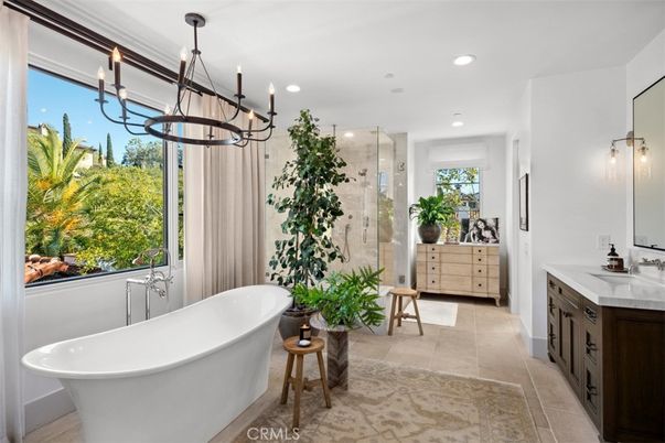Bathroom, Free Standing Baths, Glass Shower, Interior, Pendant Lights, Recessed Lighting
