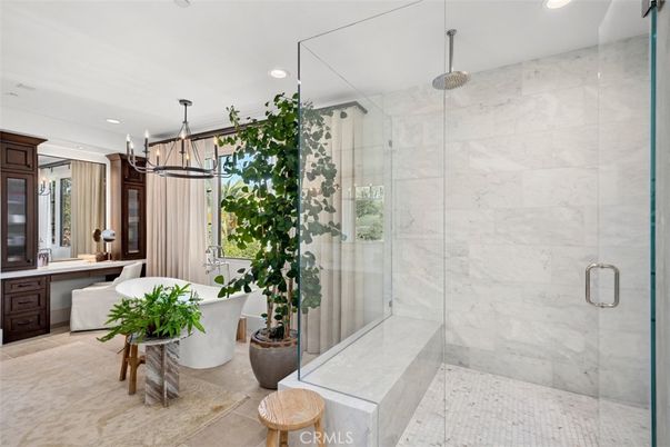 Bathroom, Chandelier, Free Standing Baths, Glass Shower, Interior, Marble Walls, Pendant Lights, Recessed Lighting