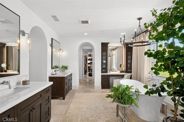 Bathroom, Dual Sink Vanities, Free Standing Baths, Interior, Pendant Lights, Recessed Lighting