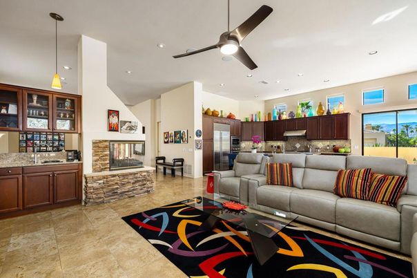 Fireplace, Interior, Kitchen, Living room, Pendant Lights, Recessed Lighting, Stainless Steel Appliances