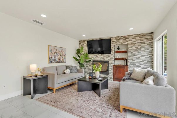 Fireplace, Interior, Living room, Recessed Lighting, Stone Walls