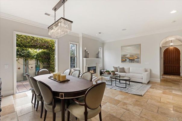 Chandelier, Dining room, Fireplace, Interior, Living room, Recessed Lighting
