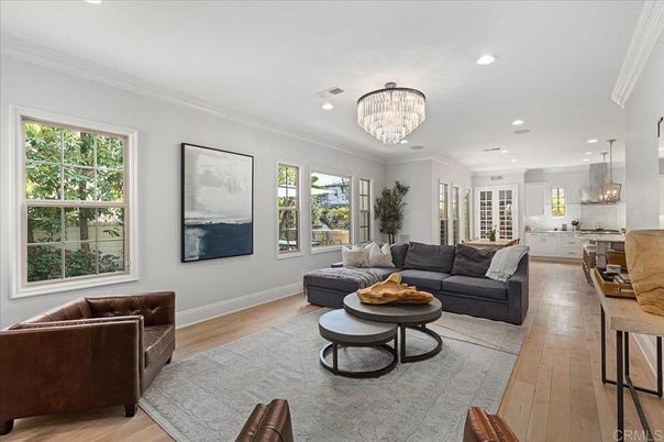 Chandelier, Interior, Kitchen, Living room, Recessed Lighting, Wood Texture Flooring