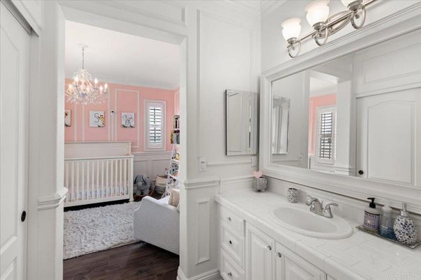 Bathroom, Chandelier, Interior, Tile Countertops, Wood Texture Flooring