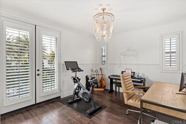 Chandelier, Fitness Equipment, Home Office, Interior, Wood Texture Flooring