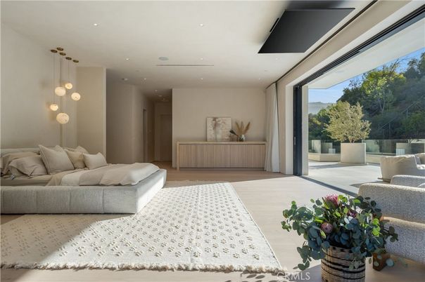 Bedroom, Interior, Pendant Lights, Recessed Lighting, Wood Texture Flooring
