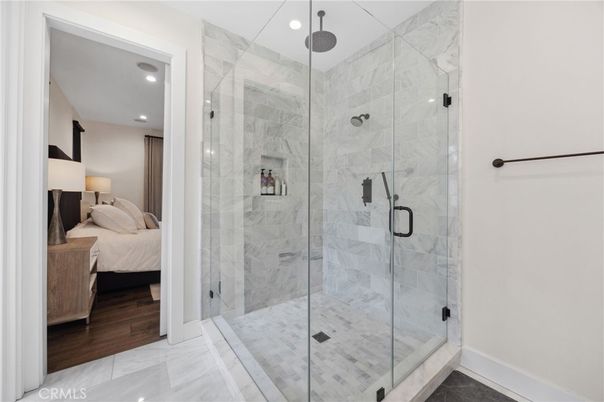 Bathroom, Bedroom, Glass Shower, Interior, Marble, Marble Walls, Recessed Lighting, Wood Texture Flooring