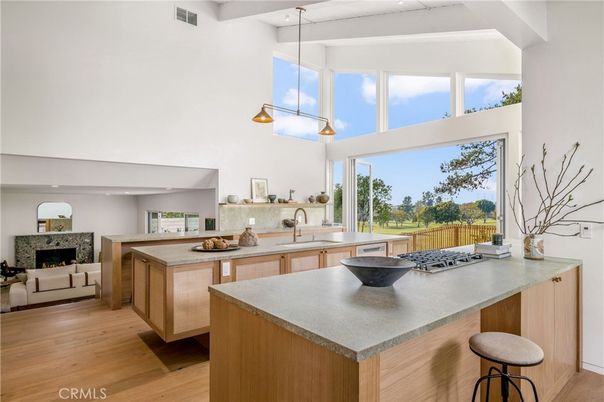 Fireplace, Interior, Kitchen, Pendant Lights, Wood Texture Flooring