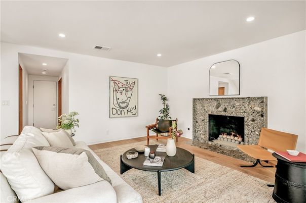 Fireplace, Interior, Living room, Recessed Lighting, Wood Texture Flooring