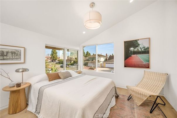 Bedroom, Interior, Pendant Lights, Recessed Lighting, Wood Texture Flooring