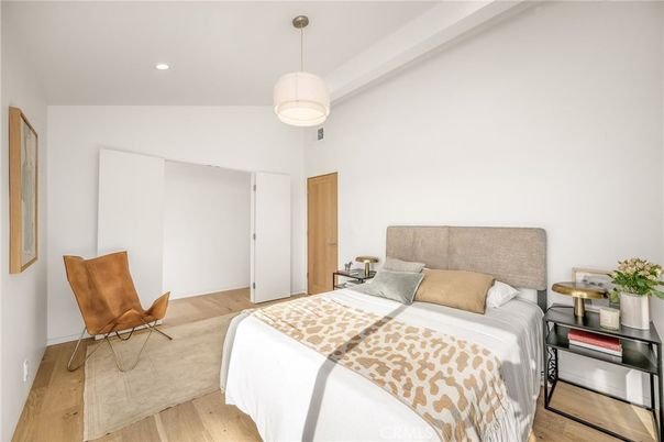 Bedroom, Interior, Pendant Lights, Recessed Lighting, Wood Texture Flooring