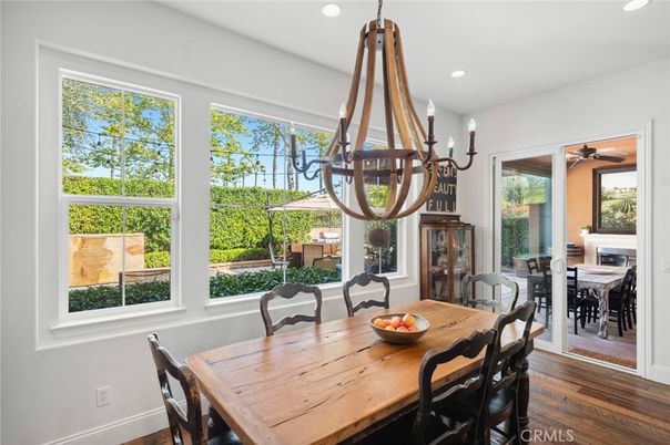 Chandelier, Dining room, Interior, Pendant Lights, Recessed Lighting, Wood Texture Flooring