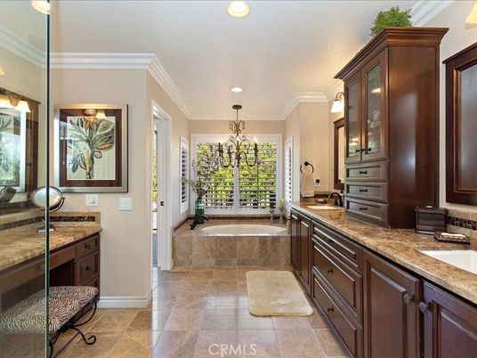 Bathroom, Chandelier, Dual Sink Vanities, Interior, Recessed Lighting