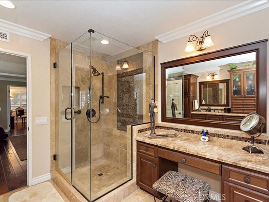 Bathroom, Glass Shower, Interior, Recessed Lighting, Wood Texture Flooring