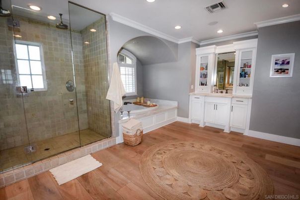 Bathroom, Glass Shower, Interior, Recessed Lighting, Wood Texture Flooring
