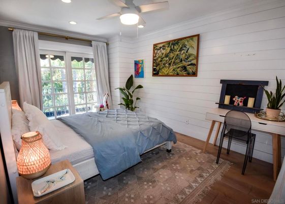 Bedroom, Fireplace, Home Office, Interior, Recessed Lighting, Wood Texture Flooring