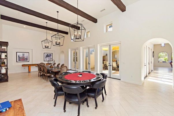 Billiard Table, Dining room, Game Room, Interior, Pendant Lights, Recessed Lighting, Wooden Beams, Wood Texture Flooring
