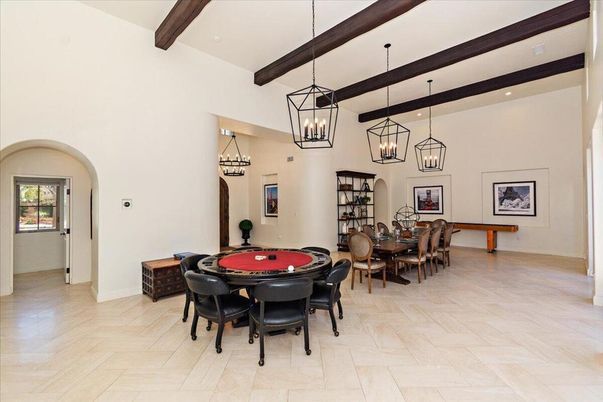 Chandelier, Dining room, Game Room, Interior, Pendant Lights, Recessed Lighting, Wooden Beams, Wood Texture Flooring