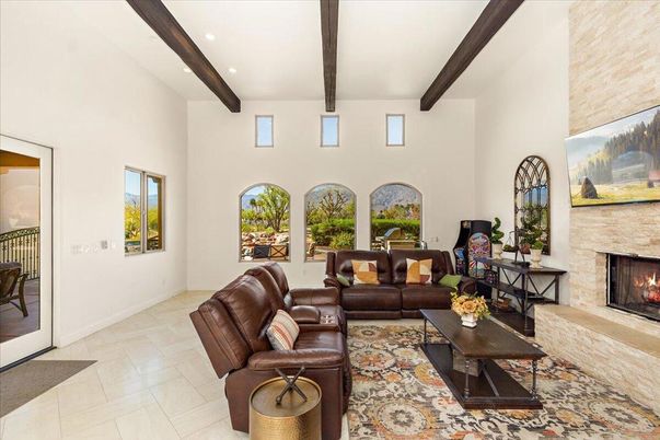 Fireplace, Interior, Living room, Recessed Lighting, Stone Walls, Wooden Beams
