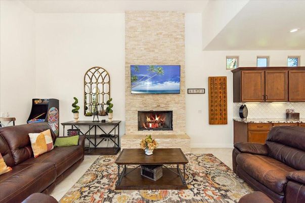 Fireplace, Interior, Living room, Recessed Lighting, Stone Walls