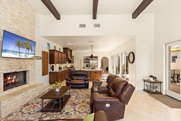 Fireplace, Interior, Kitchen, Living room, Pendant Lights, Recessed Lighting, Stone Walls, Wooden Beams