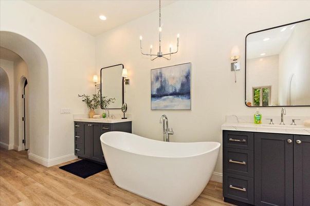 Bathroom, Chandelier, Dual Sink Vanities, Free Standing Baths, Interior, Recessed Lighting, Wood Texture Flooring