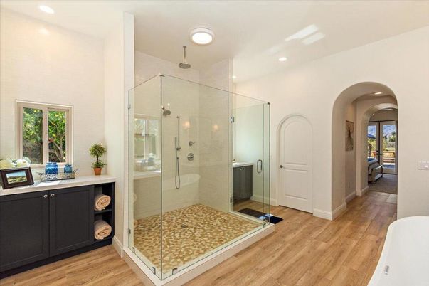 Bathroom, Glass Shower, Interior, Recessed Lighting, Wood Texture Flooring