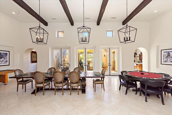 Dining room, Game Room, Interior, Pendant Lights, Recessed Lighting, Wooden Beams