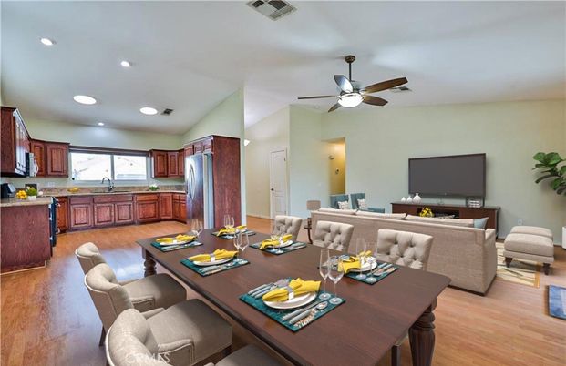 Dining room, Interior, Kitchen, Living room, Recessed Lighting, Stainless Steel Appliances, Wood Texture Flooring