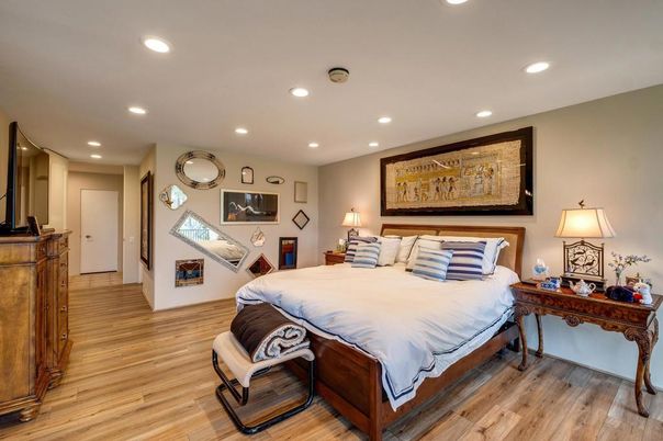 Bedroom, Interior, Recessed Lighting, Wood Texture Flooring