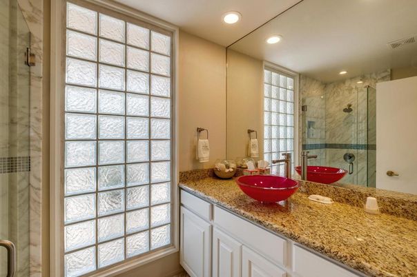Bathroom, Glass Shower, Interior, Marble Walls, Recessed Lighting