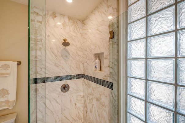 Bathroom, Glass Shower, Interior, Marble Walls, Recessed Lighting