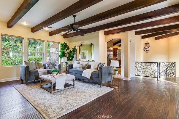 Interior, Living room, Pendant Lights, Recessed Lighting, Wooden Beams, Wood Texture Flooring