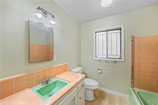 Bathroom, Glass Shower, Interior, Tile Countertops, Wood Texture Flooring