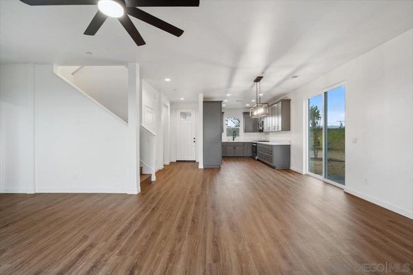 Empty room, Interior, Kitchen, Pendant Lights, Recessed Lighting, Wood Texture Flooring