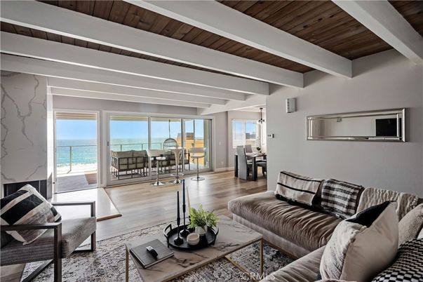 Dining room, Interior, Living room, Pendant Lights, Water, Wooden Beams, Wooden Ceilings, Wood Texture Flooring