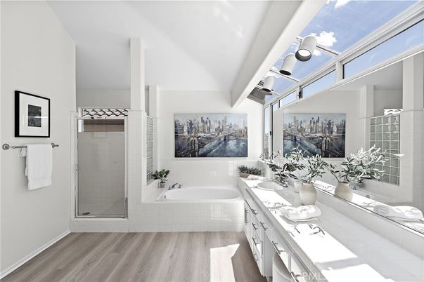 Bathroom, Glass Shower, Interior, Tile Countertops, Wood Texture Flooring