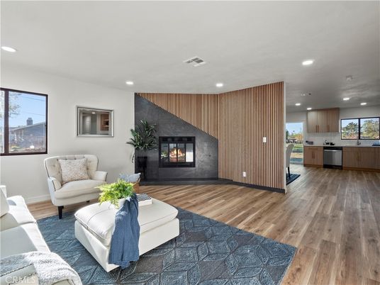 Fireplace, Interior, Kitchen, Living room, Recessed Lighting, Wood Texture Flooring