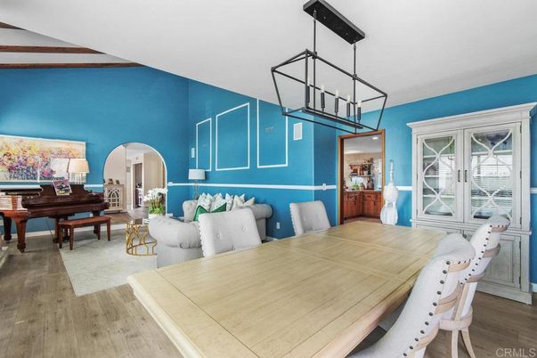 Dining room, Interior, Pendant Lights, Piano, Wood Texture Flooring